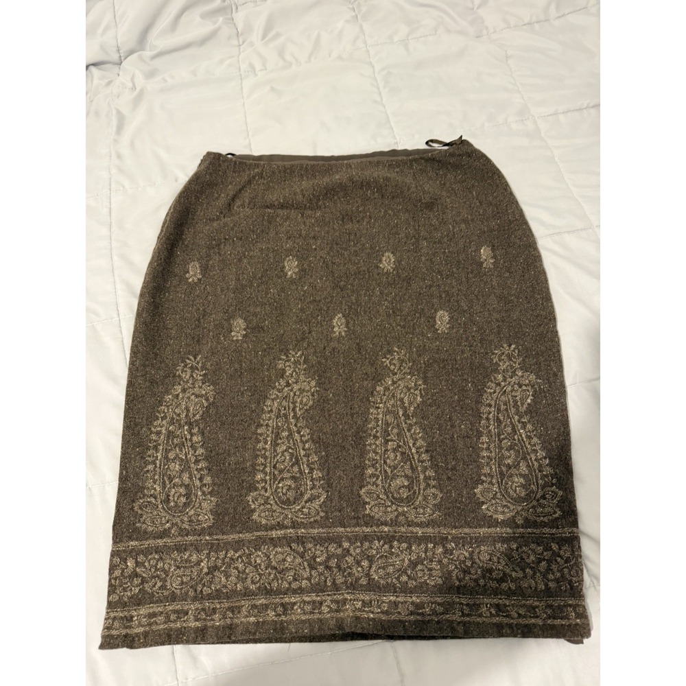 Anne Klein Brown Wool Pencil Skirt Size 14 Paisley Work Office Classic